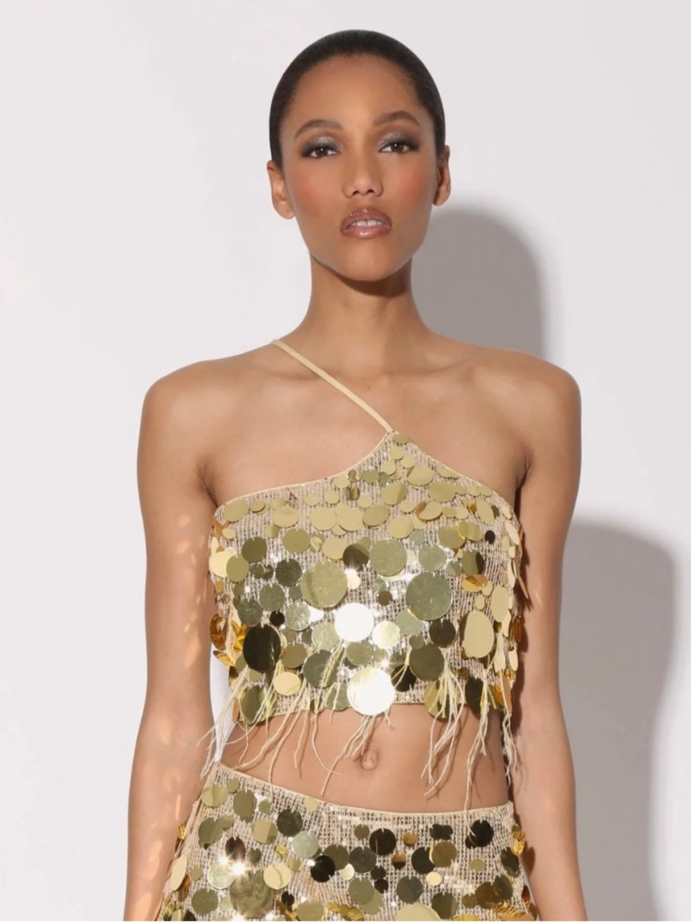 Walter Baker Gold Sequin feather crop top